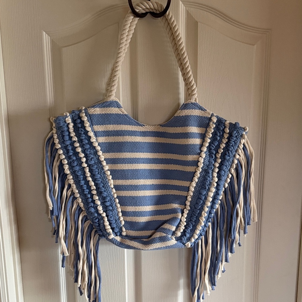 Blue and White Striped Fringe Tote Bag